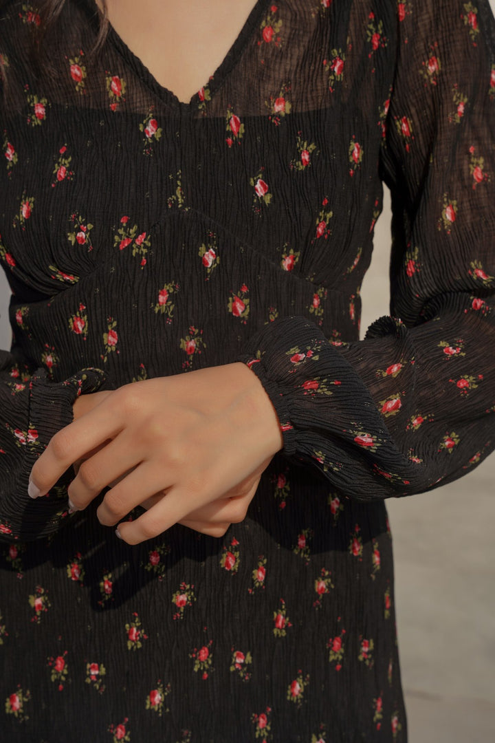 BLACK PRINTED MIDI DRESS