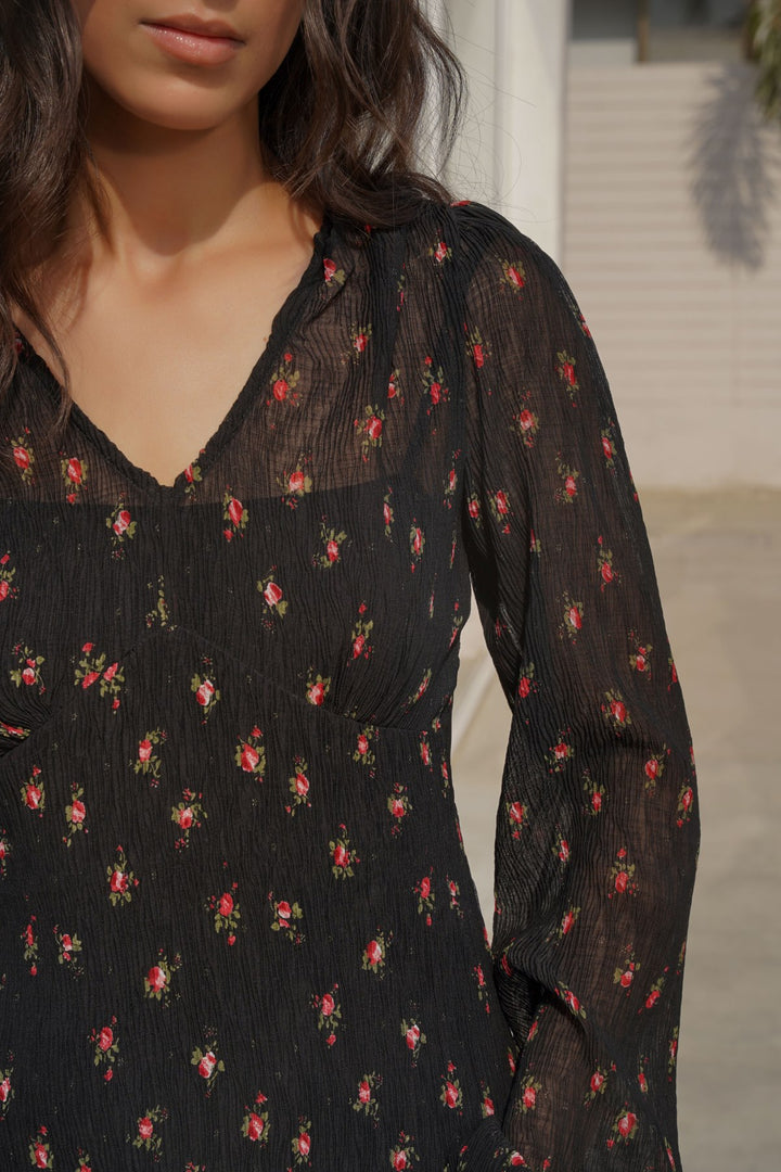 BLACK PRINTED MIDI DRESS