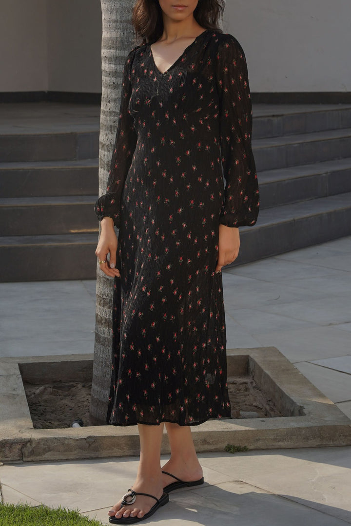 BLACK PRINTED MIDI DRESS
