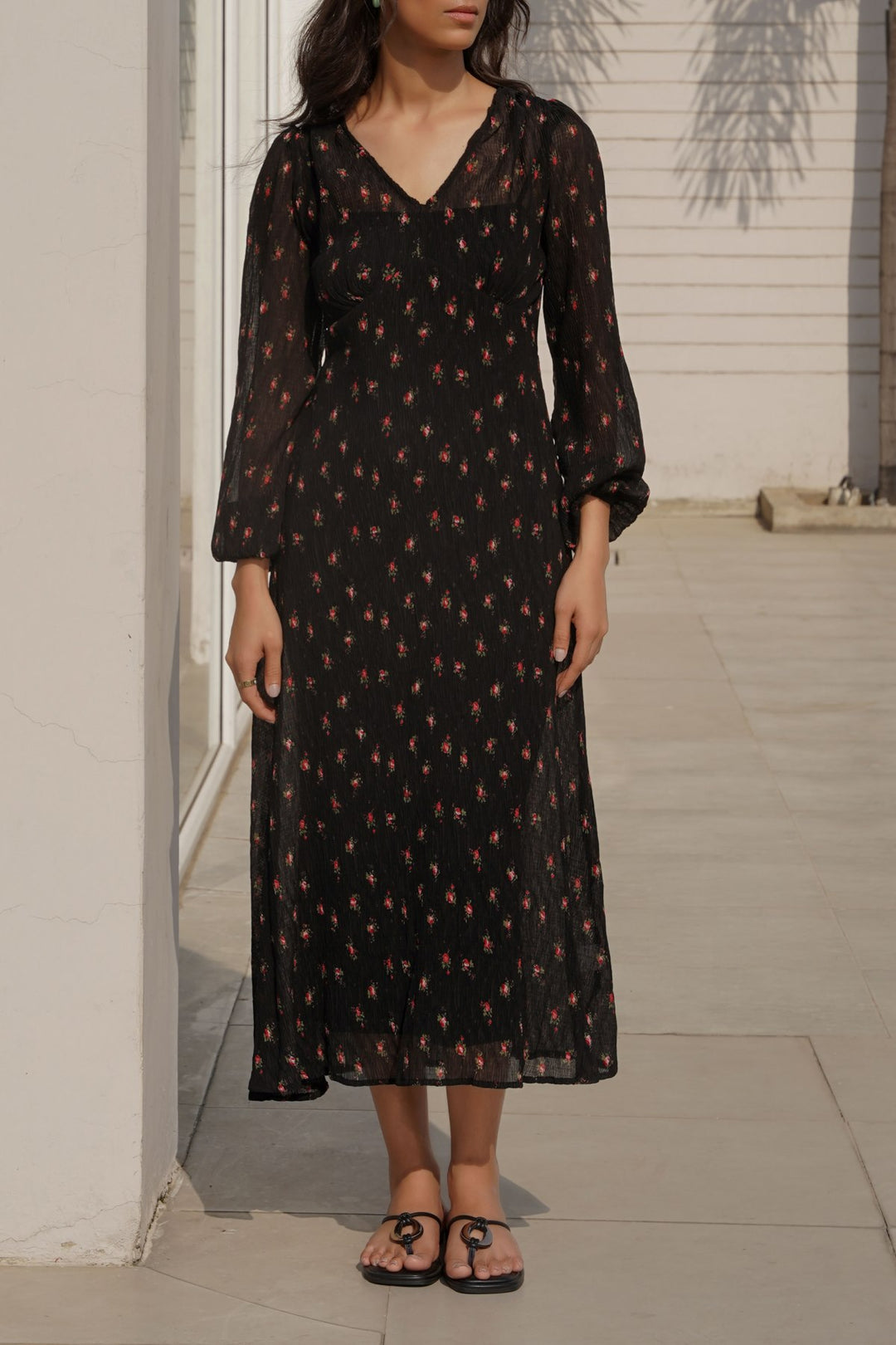 BLACK PRINTED MIDI DRESS