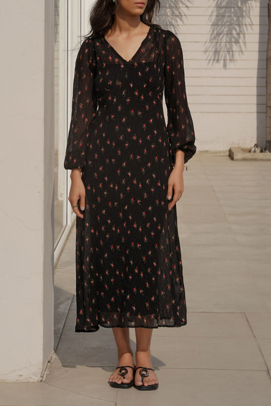 BLACK PRINTED MIDI DRESS