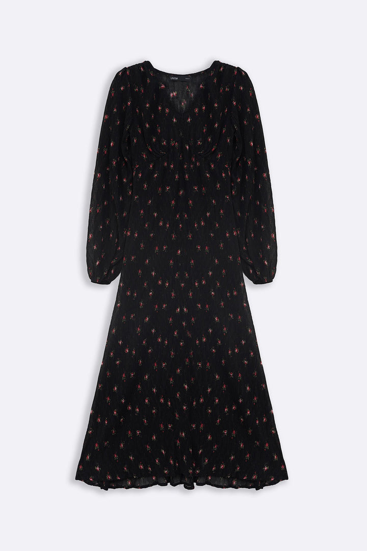 BLACK PRINTED MIDI DRESS