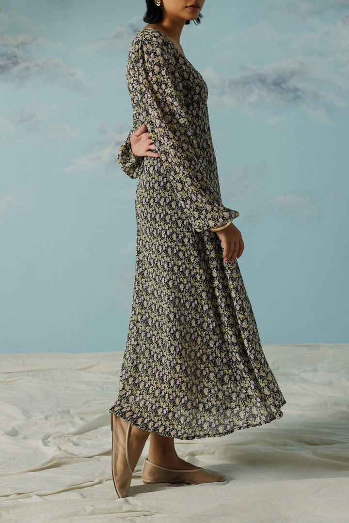 GREEN PRINTED MIDI DRESS