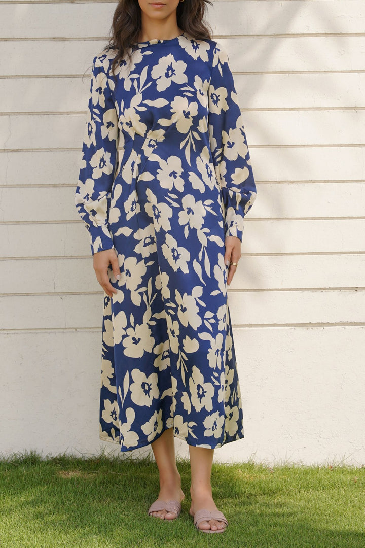 BLUE PRINTED SILK DRESS