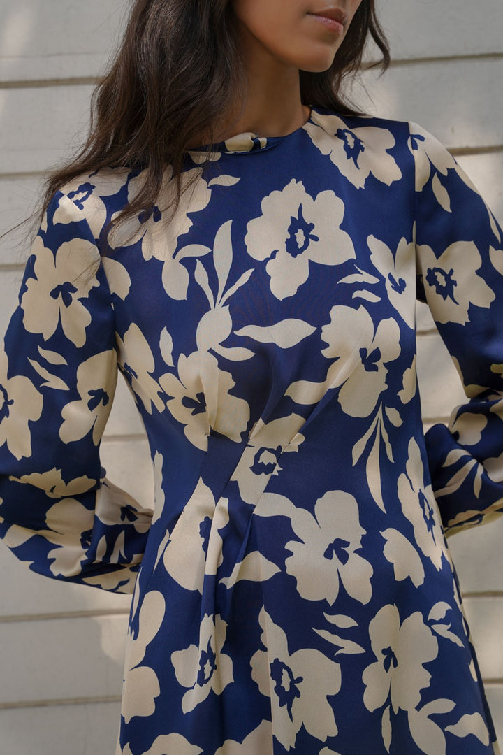 BLUE PRINTED SILK DRESS