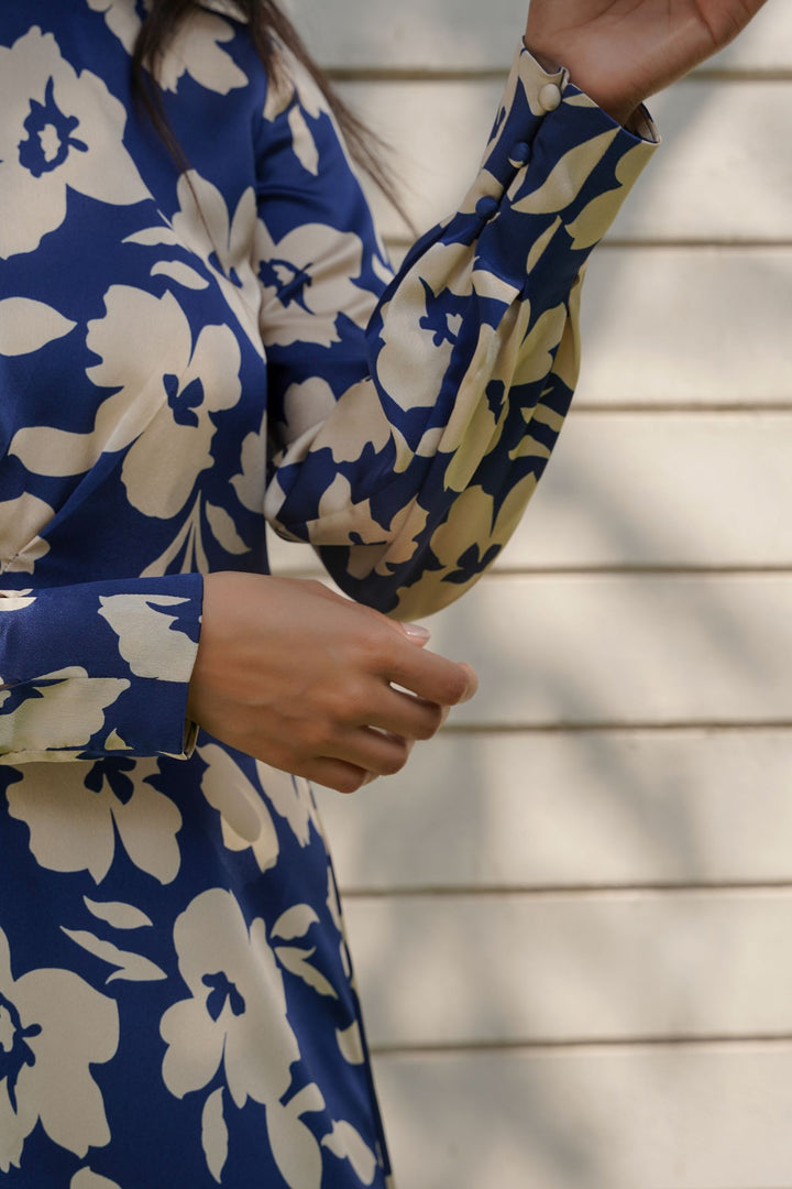 BLUE PRINTED SILK DRESS