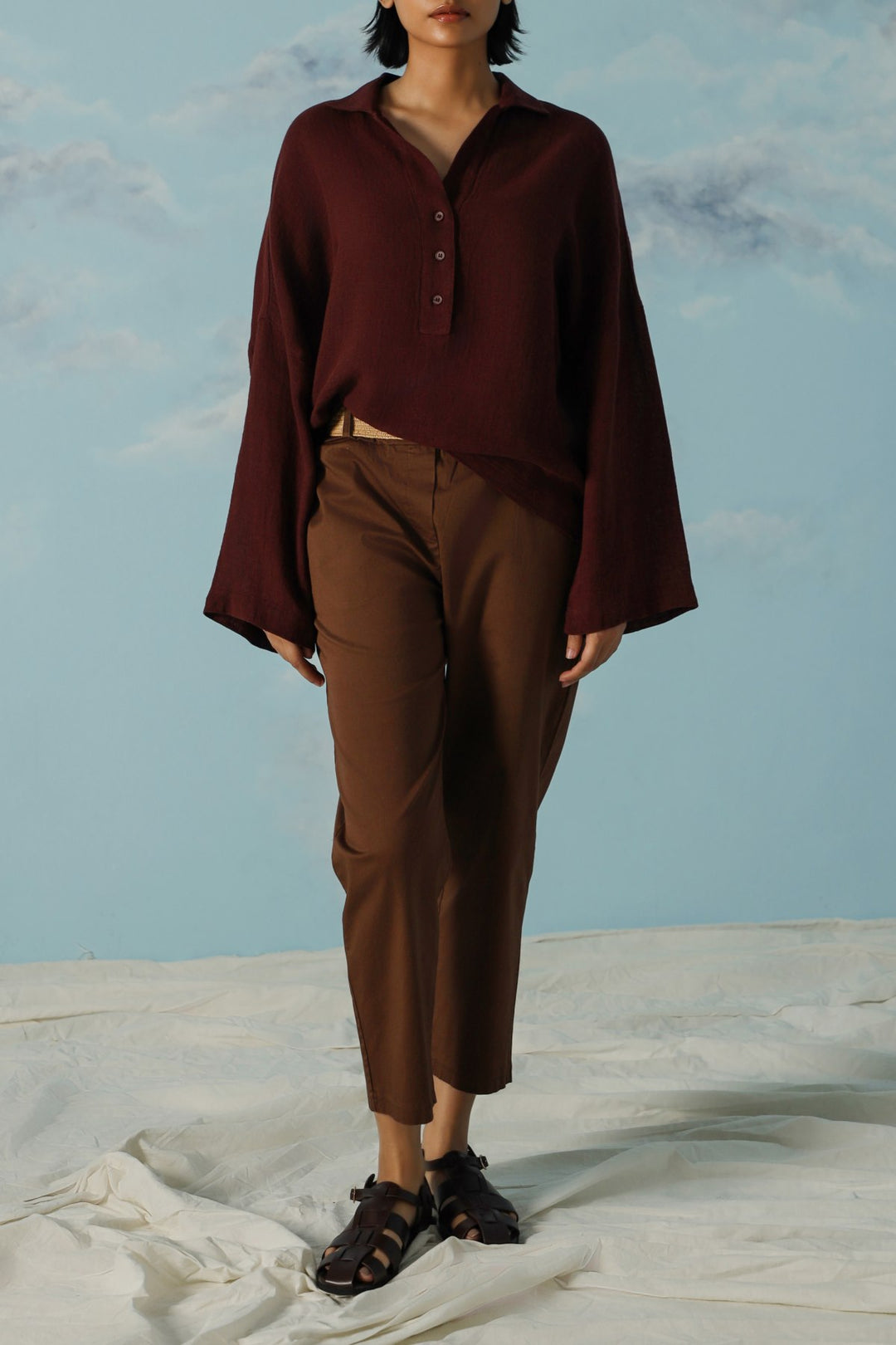BROWN LINEN HALF PLACKET SHIRT