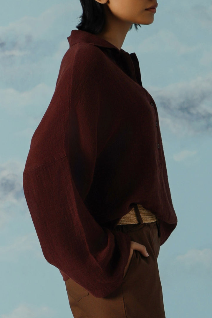 BROWN LINEN HALF PLACKET SHIRT