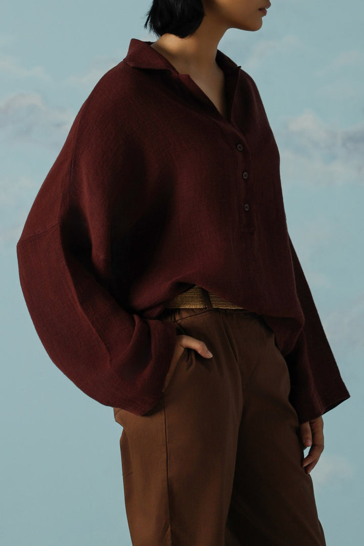 BROWN LINEN HALF PLACKET SHIRT