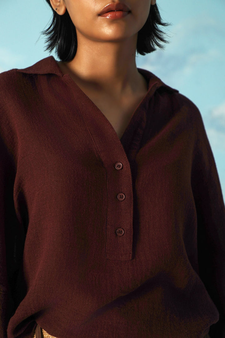 BROWN LINEN HALF PLACKET SHIRT