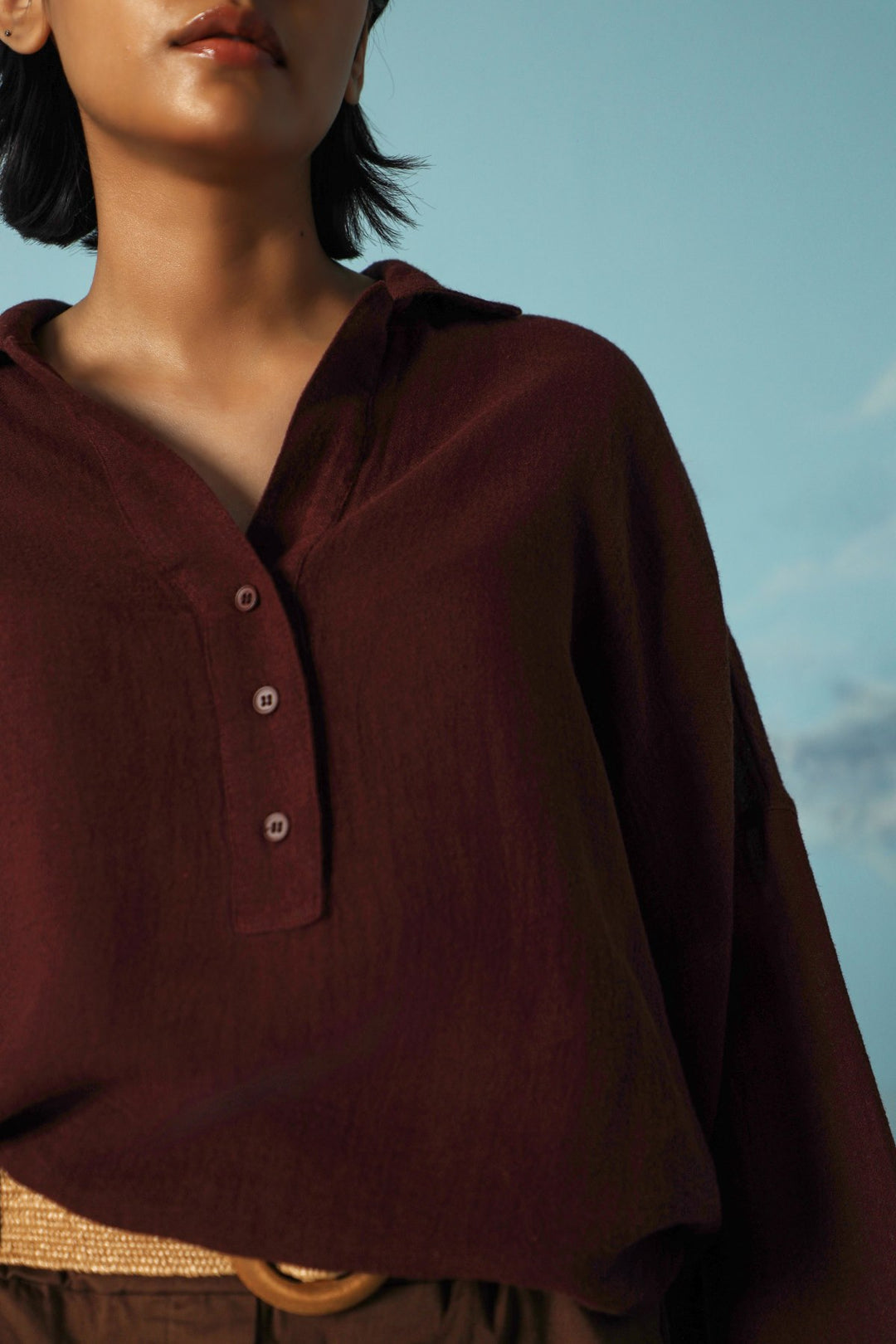 BROWN LINEN HALF PLACKET SHIRT