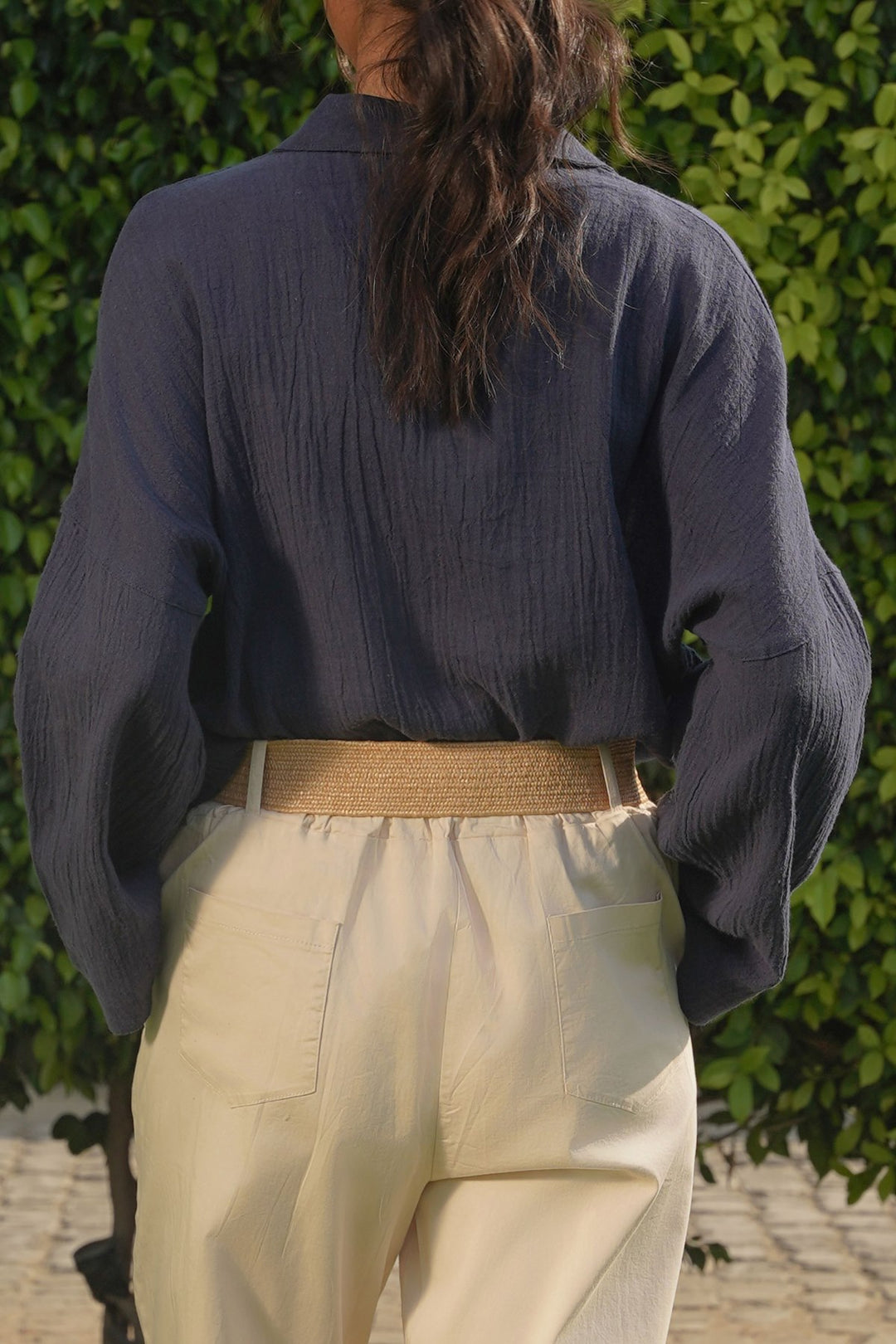 NAVY LINEN HALF PLACKET SHIRT