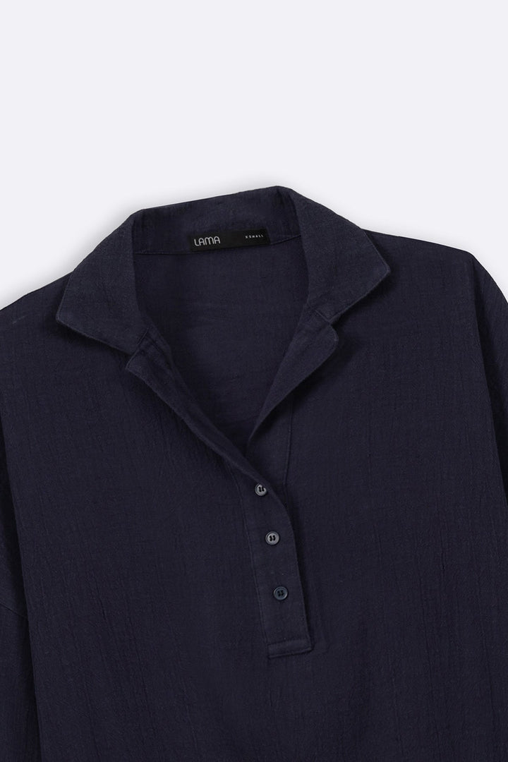 NAVY LINEN HALF PLACKET SHIRT