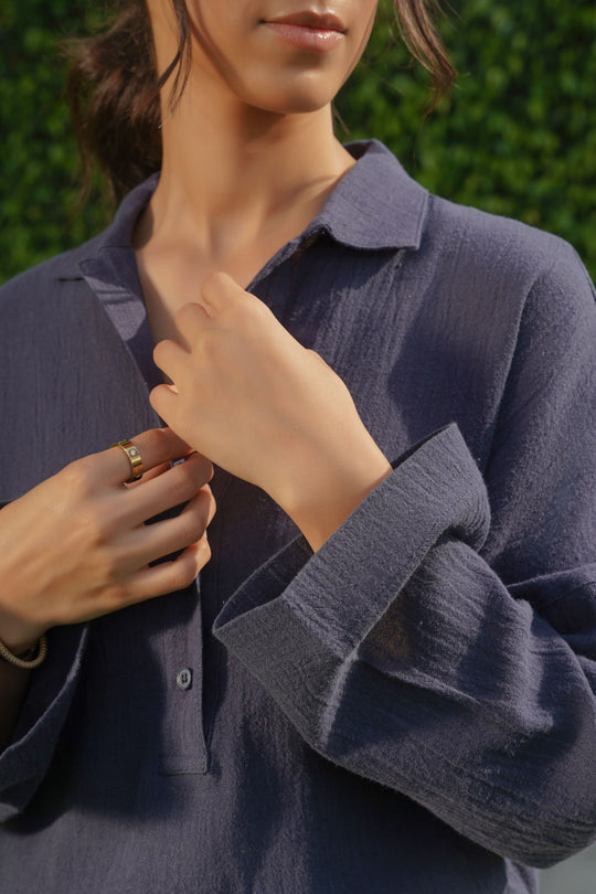 NAVY LINEN HALF PLACKET SHIRT