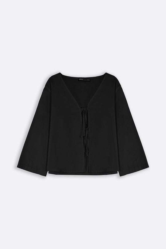 BLACK LINEN BOW BLOUSE