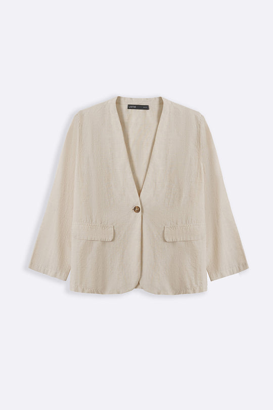 BEIGE COLLARLESS LINEN BLAZER