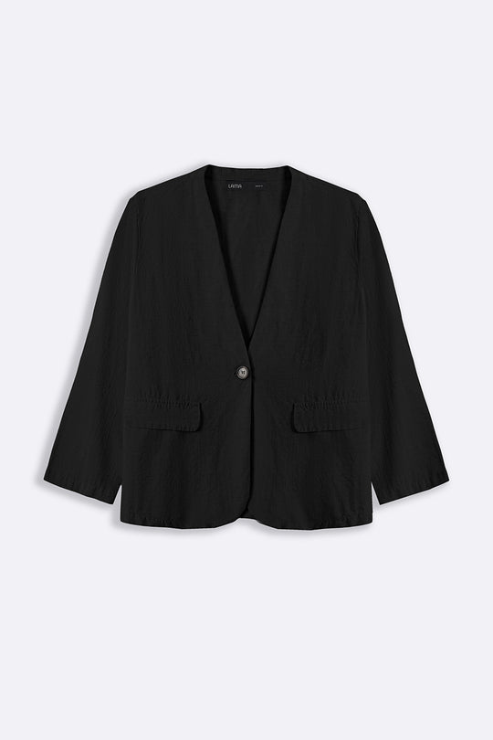 BLACK COLLARLESS LINEN BLAZER