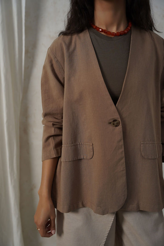 TAUPE COLLARLESS LINEN BLAZER