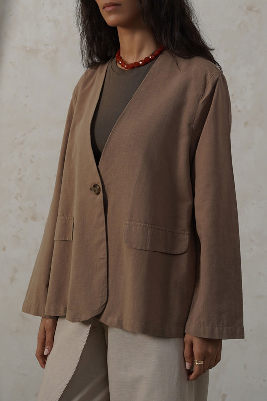 TAUPE COLLARLESS LINEN BLAZER