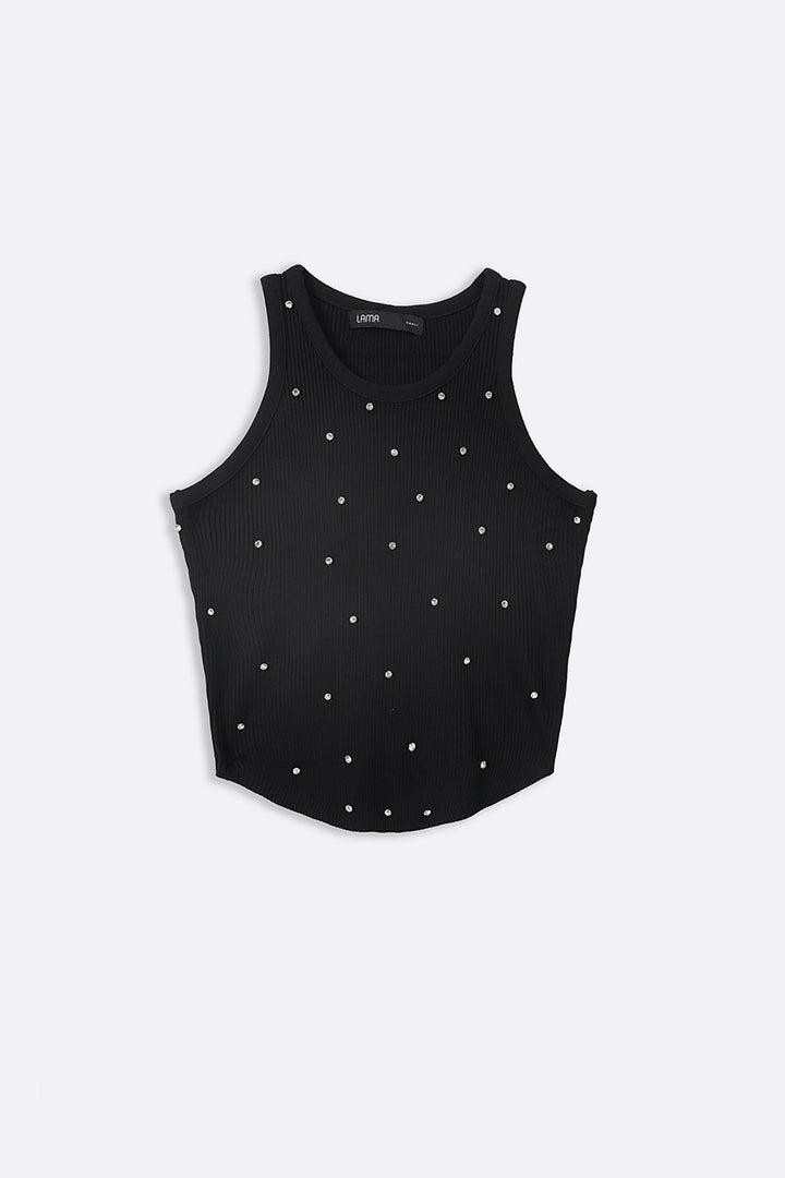 BLACK EMBELLISHED RIBBED TANK