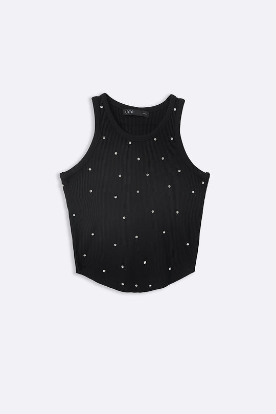 BLACK EMBELLISHED RIBBED TANK