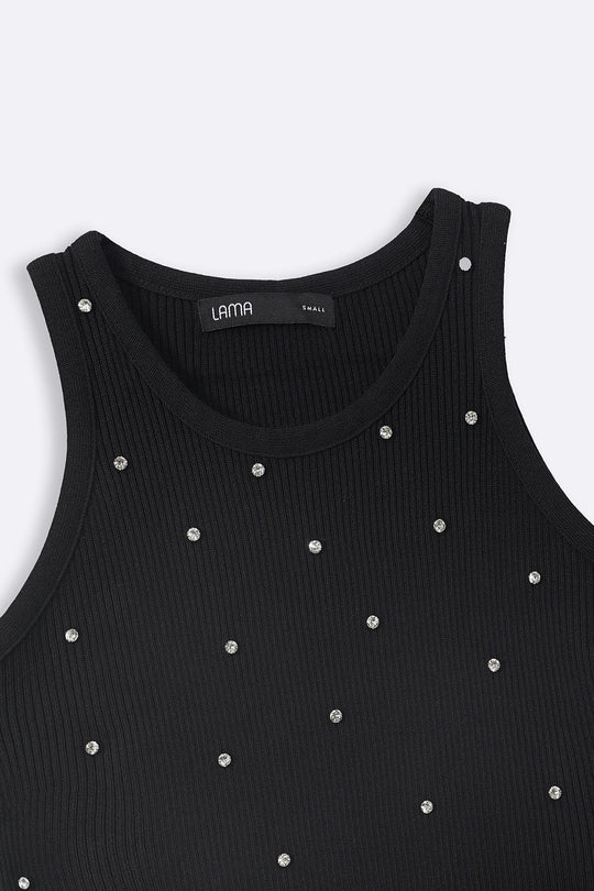 BLACK EMBELLISHED RIBBED TANK