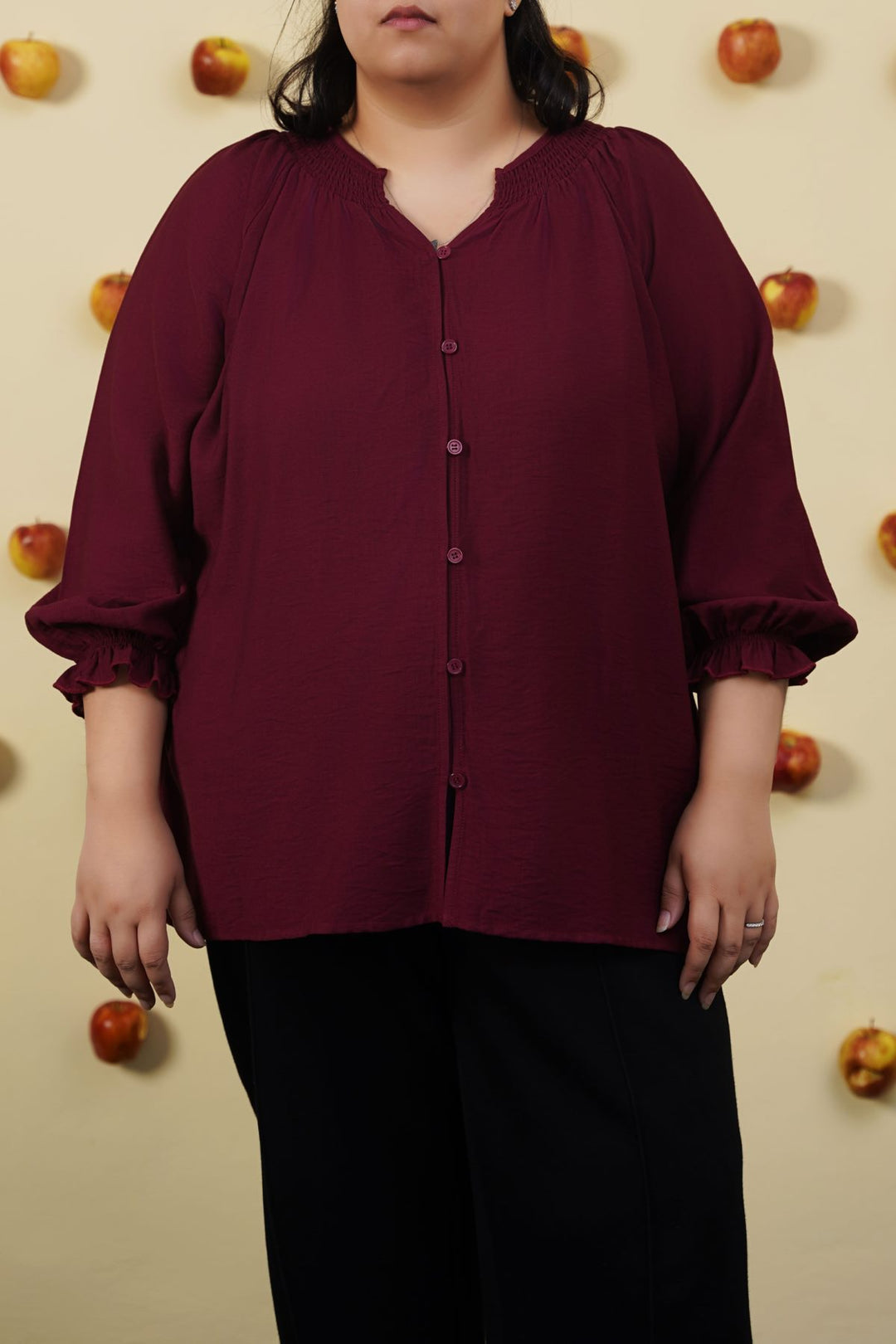 MAROON CURVE SMOCKED BLOUSE