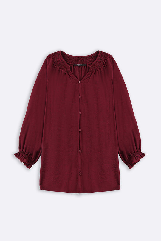 MAROON CURVE SMOCKED BLOUSE