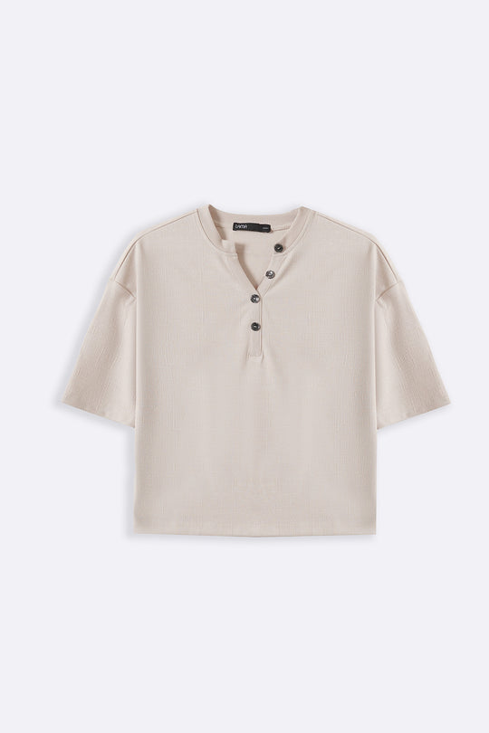 IVORY STRETCHY HENLEY TOP
