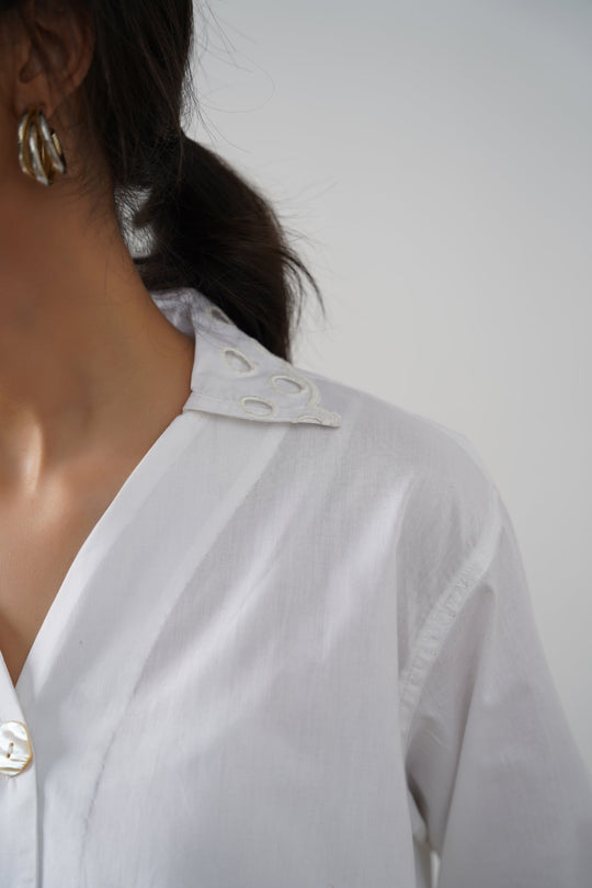 WHITE CREME CUTWORK COLLAR SHIRT