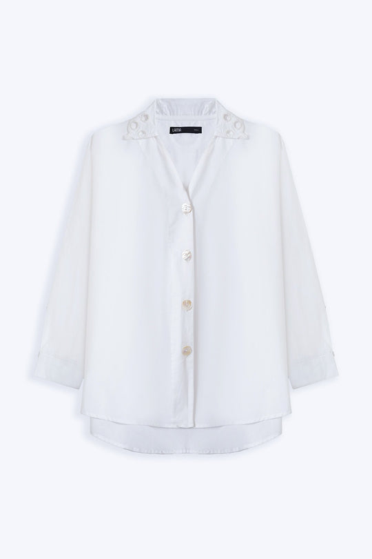 WHITE CREME CUTWORK COLLAR SHIRT