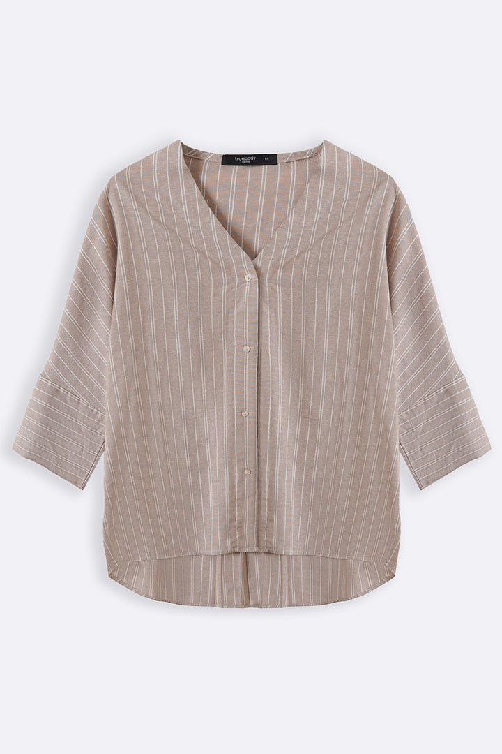 BEIGE CURVE STRIPED BATWING SHIRT