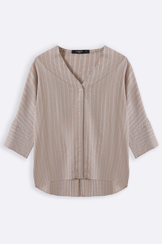 BEIGE CURVE STRIPED BATWING SHIRT
