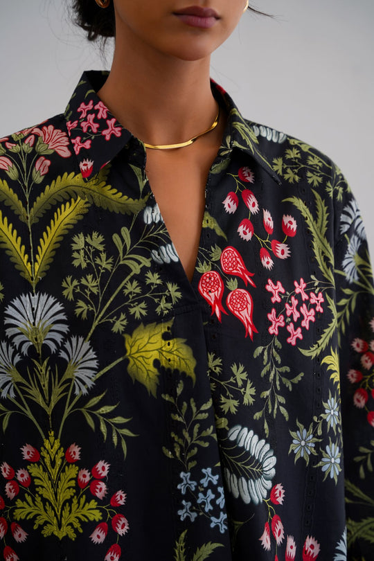 BLACK BOTANICAL EMBROIDERED SHIRT