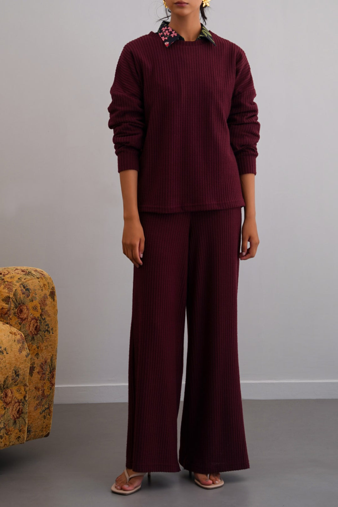 WINE WAFFLE KNIT PANTS
