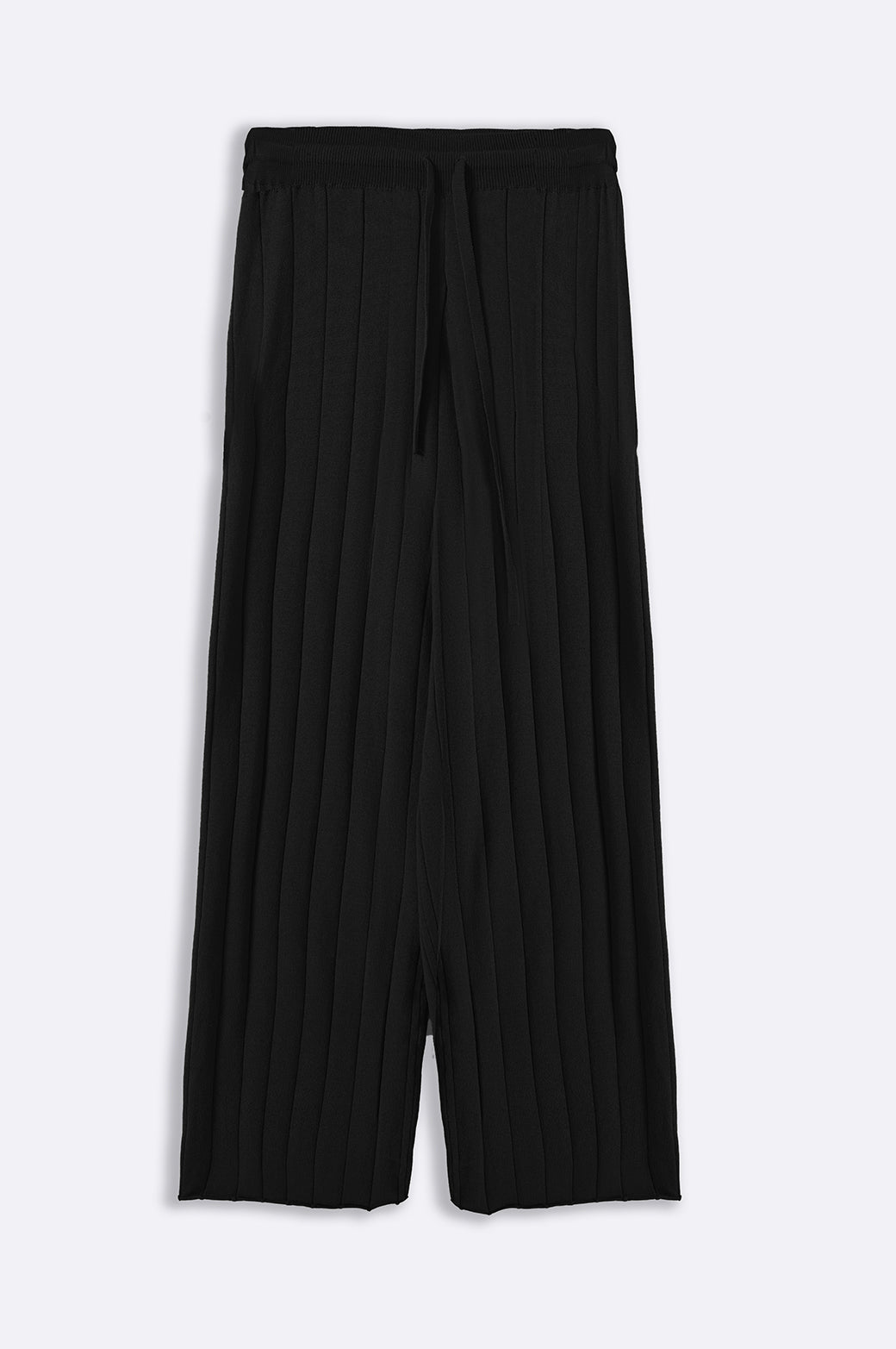 BLACK RIB-KNIT STRAIGHT PANTS