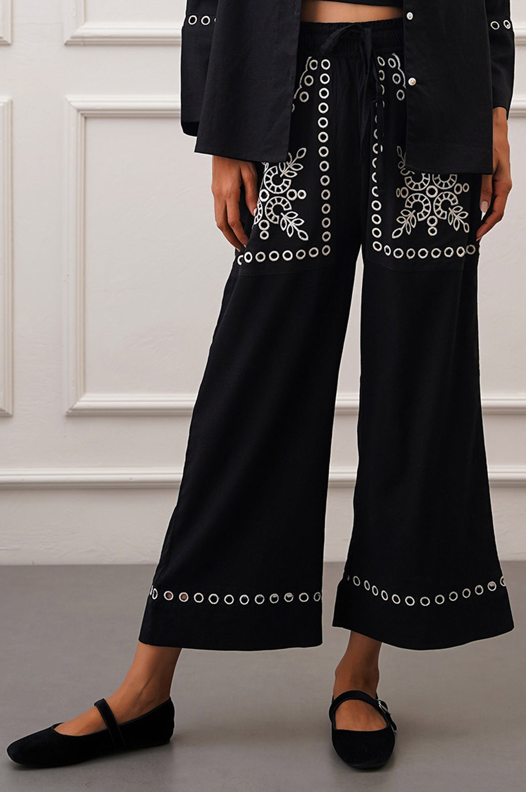 BLACK EMBROIDERED OPEN WORK WIDE LEG PANTS