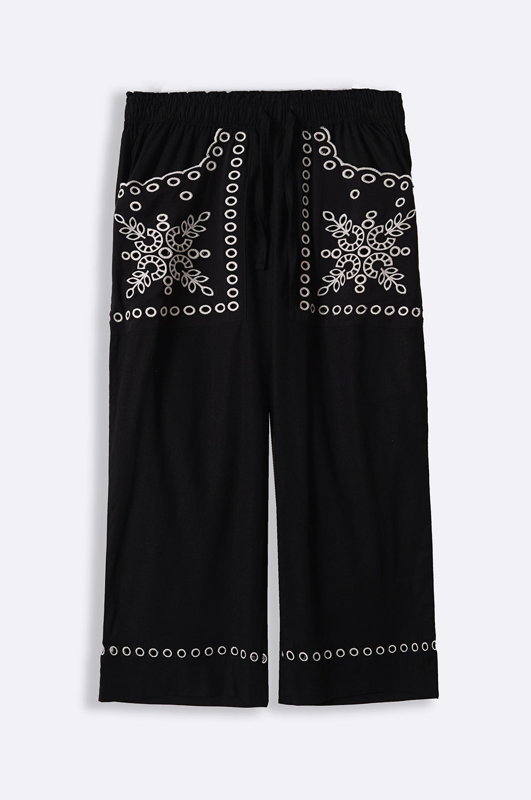 BLACK EMBROIDERED OPEN WORK WIDE LEG PANTS