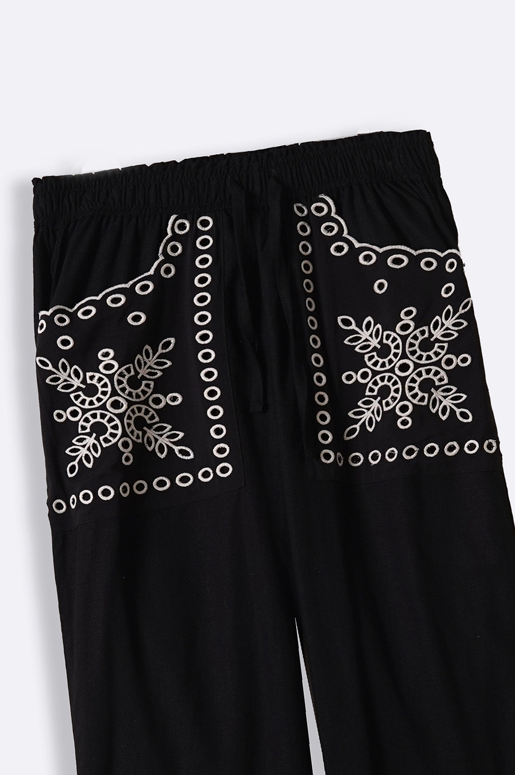 BLACK EMBROIDERED OPEN WORK WIDE LEG PANTS