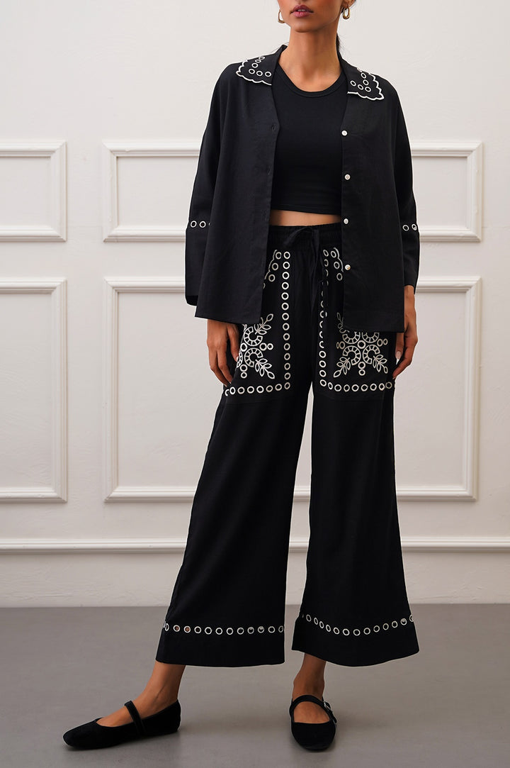 BLACK EMBROIDERED OPEN WORK WIDE LEG PANTS