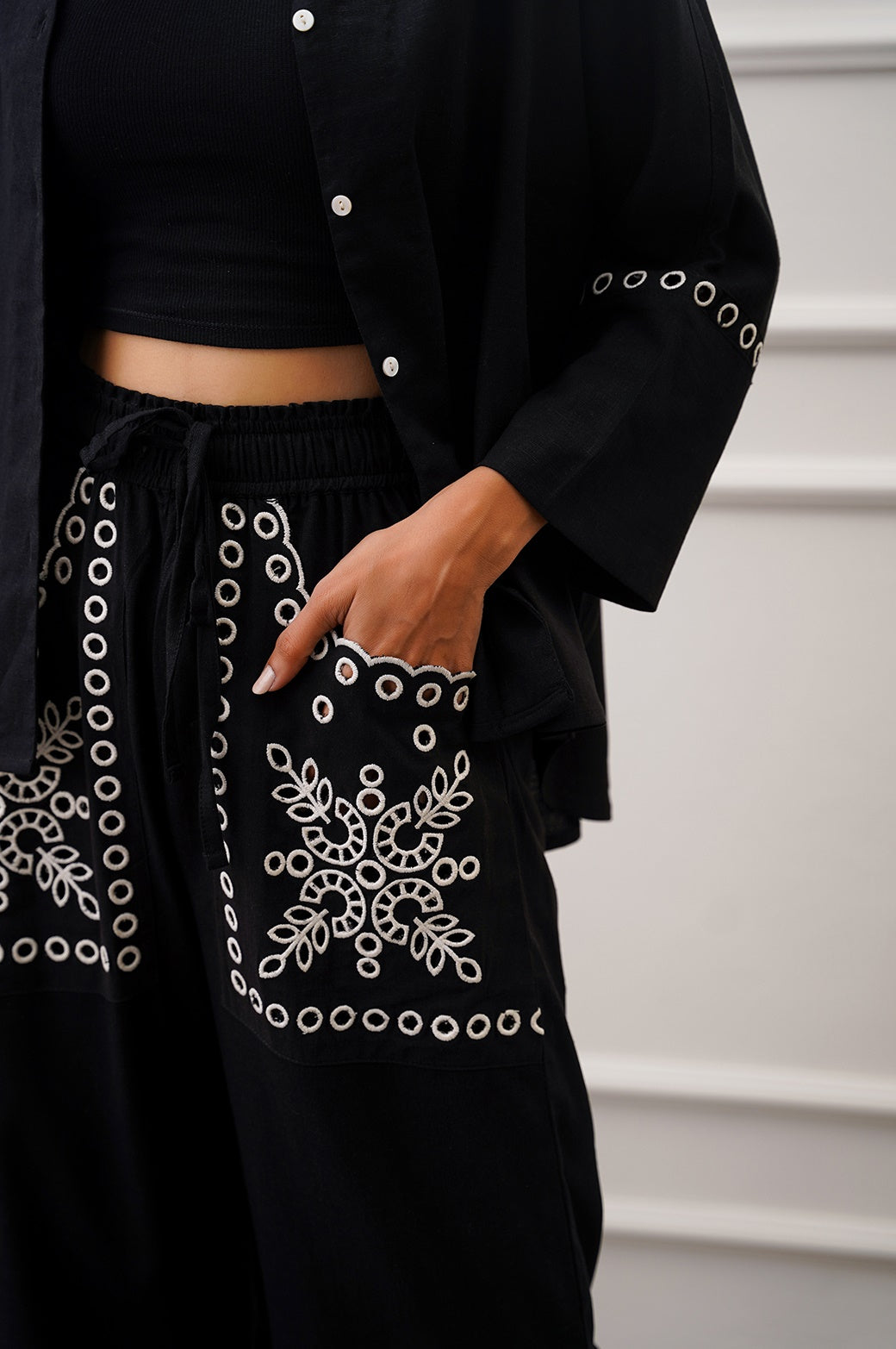 BLACK EMBROIDERED OPEN WORK WIDE LEG PANTS