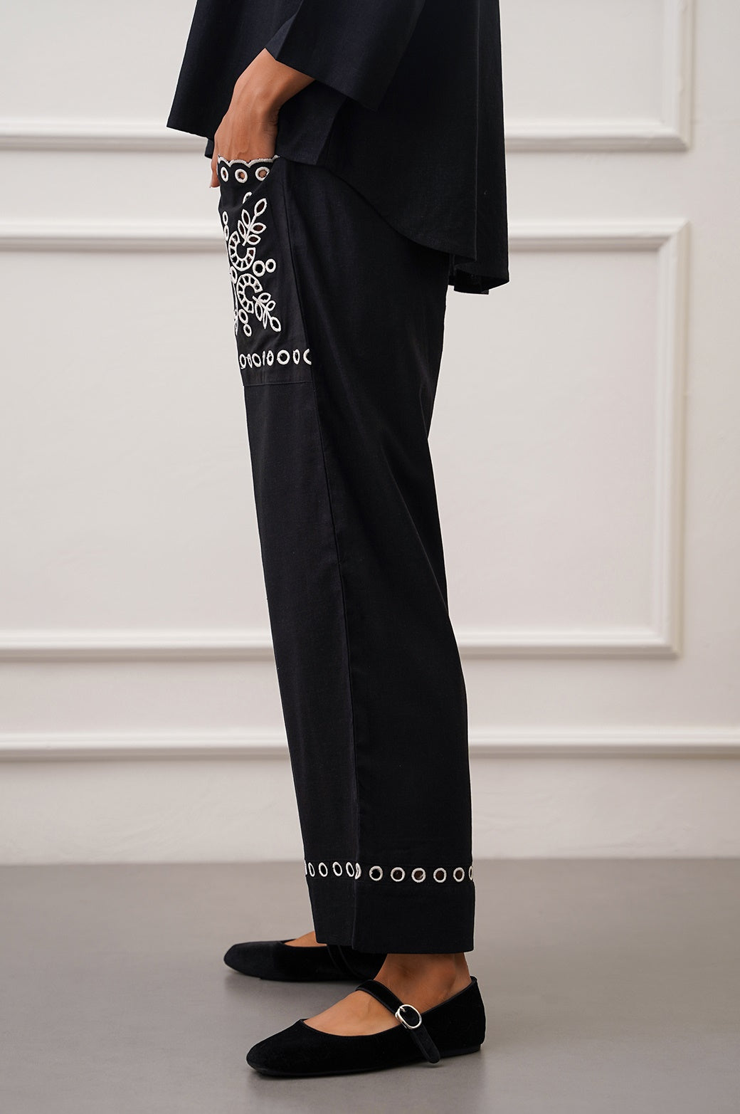 BLACK EMBROIDERED OPEN WORK WIDE LEG PANTS