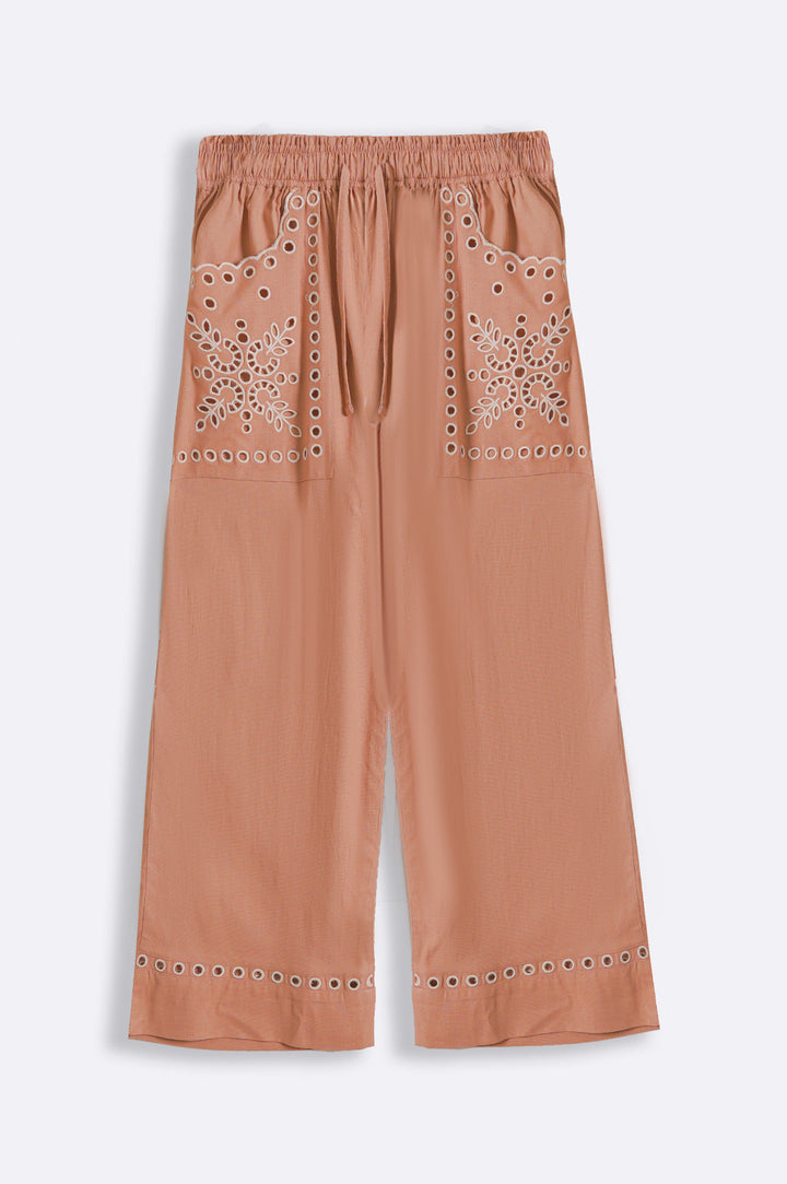 ITALIAN CLAY EMBROIDERED OPEN WORK WIDE LEG PANTS