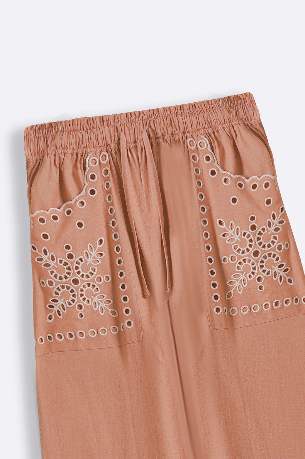 ITALIAN CLAY EMBROIDERED OPEN WORK WIDE LEG PANTS