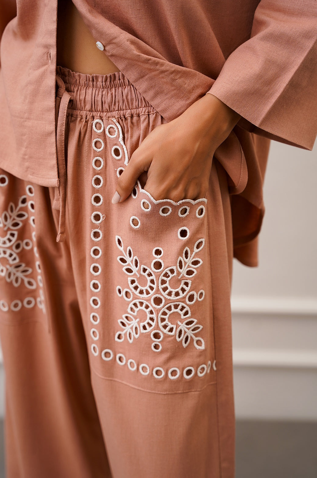 ITALIAN CLAY EMBROIDERED OPEN WORK WIDE LEG PANTS