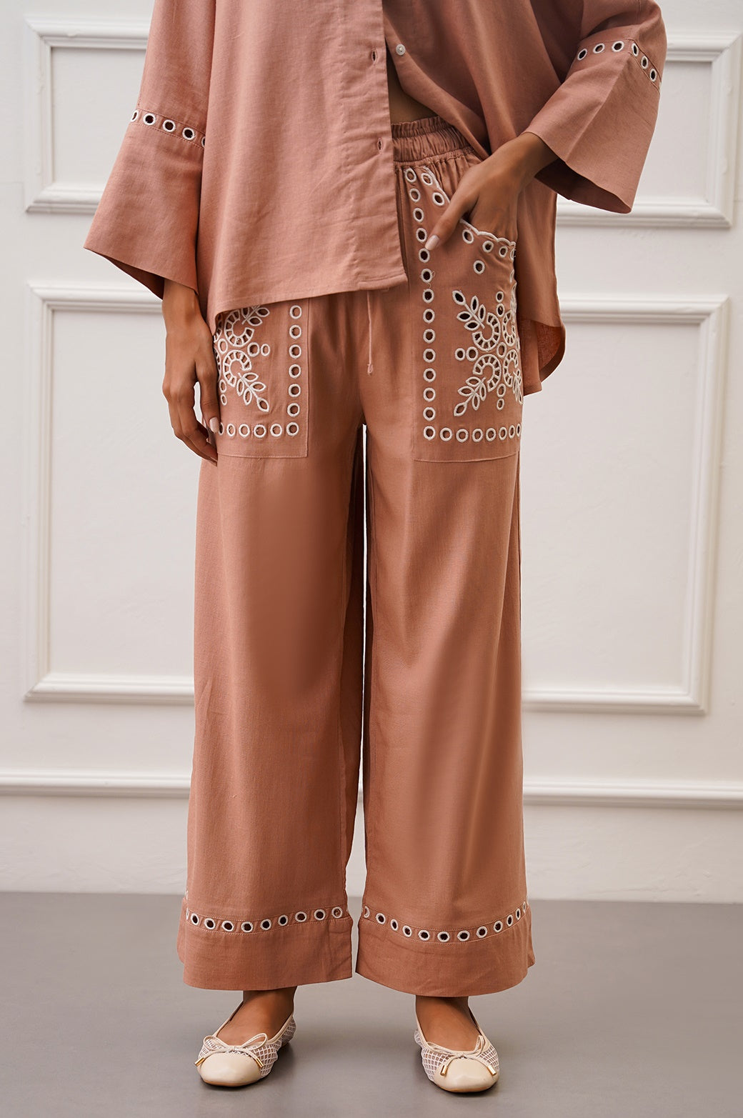 ITALIAN CLAY EMBROIDERED OPEN WORK WIDE LEG PANTS