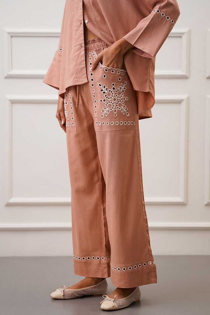 ITALIAN CLAY EMBROIDERED OPEN WORK WIDE LEG PANTS