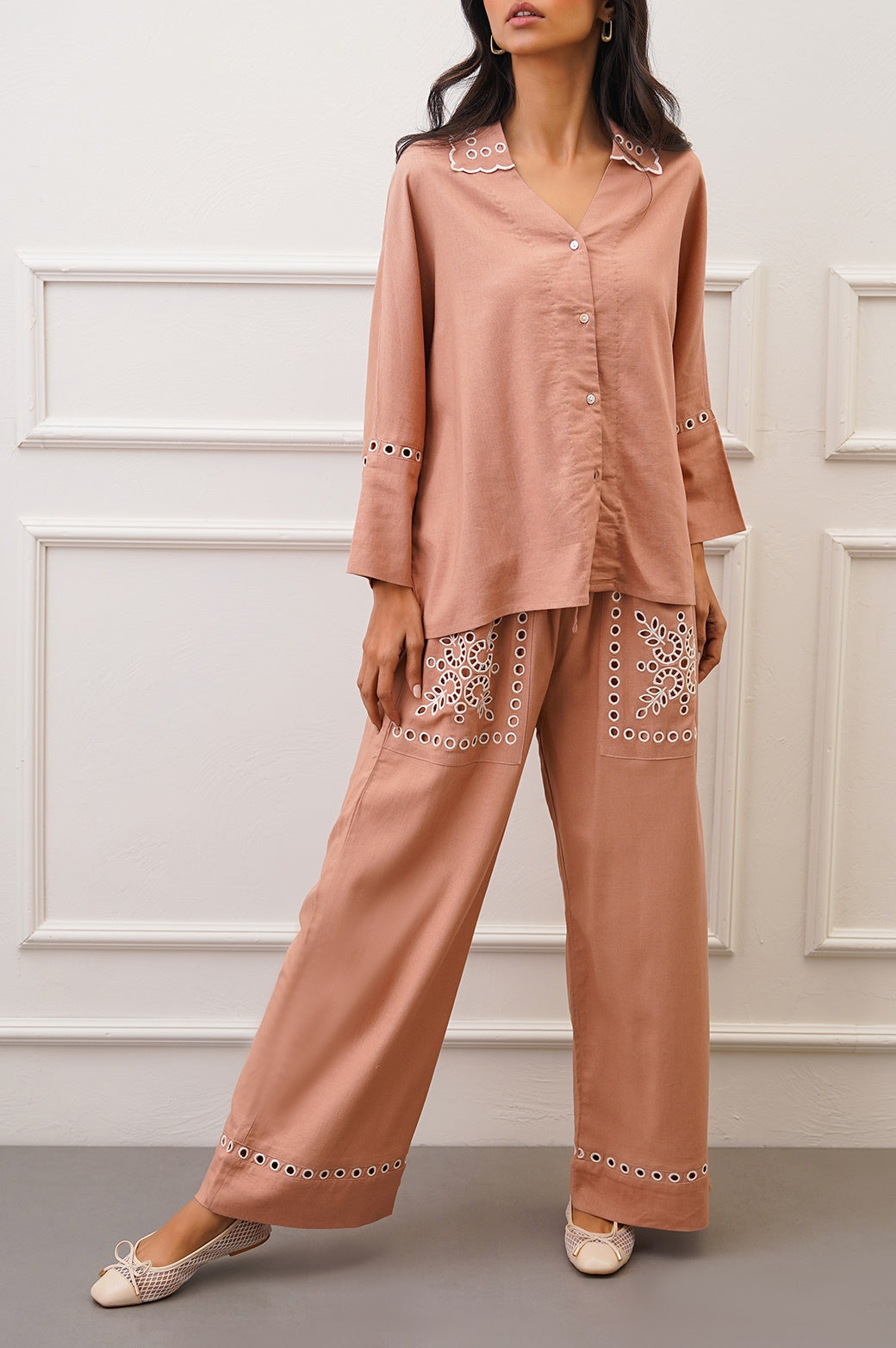 ITALIAN CLAY EMBROIDERED OPEN WORK WIDE LEG PANTS