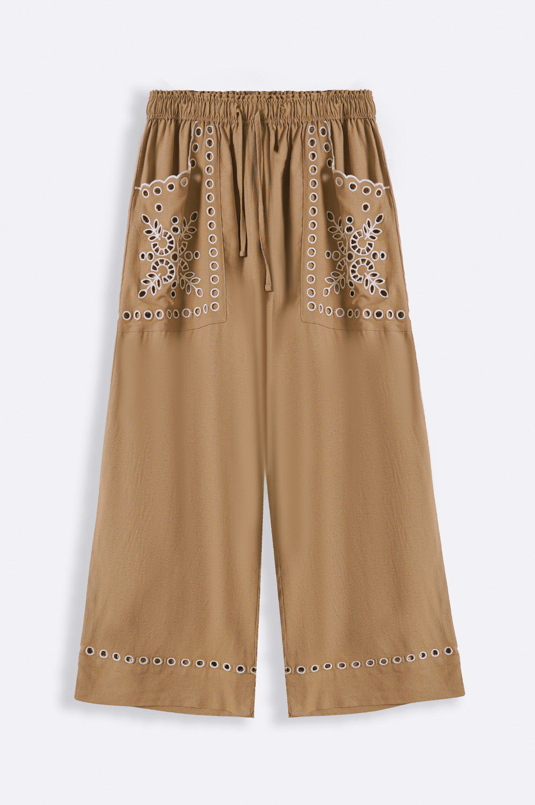 TAUPE EMBROIDERED OPEN WORK WIDE LEG PANTS