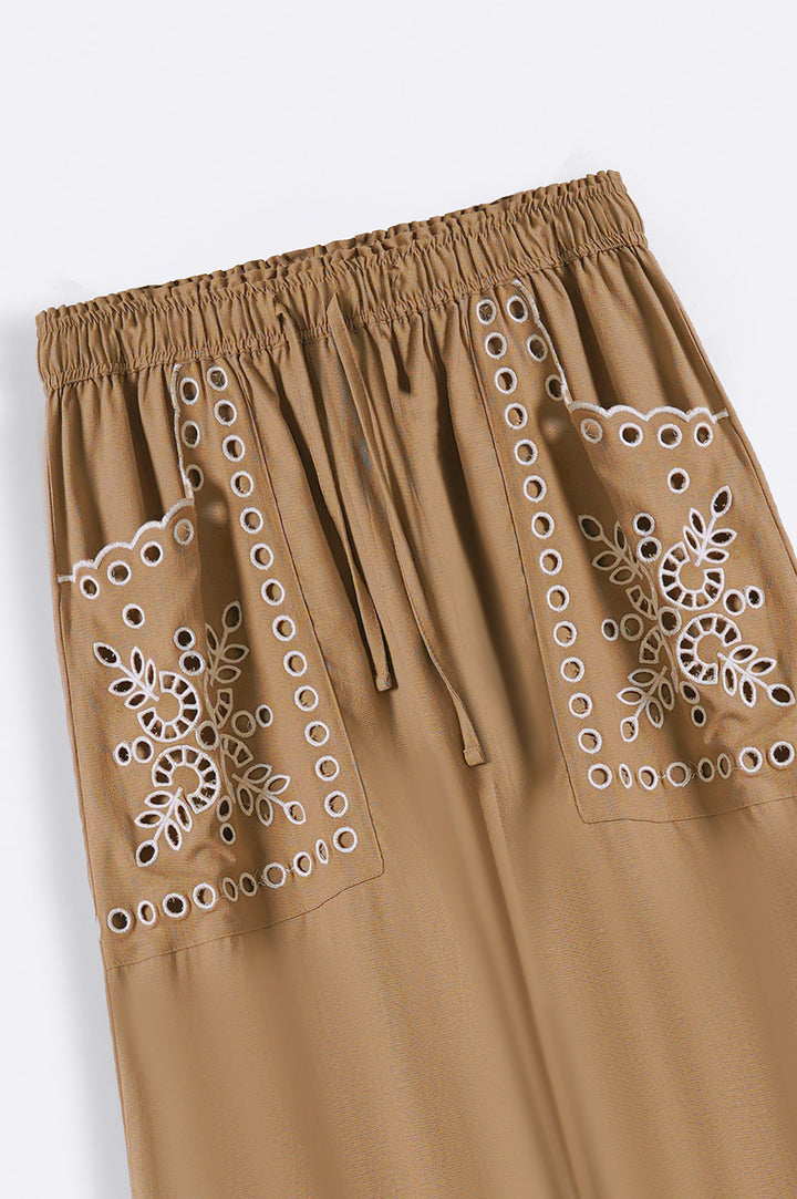 TAUPE EMBROIDERED OPEN WORK WIDE LEG PANTS